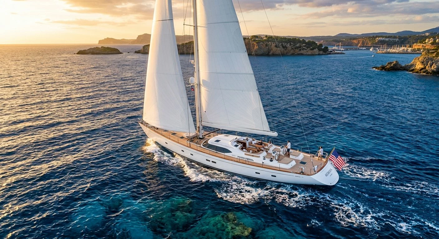 Luxus-Segelyacht unter weißen Segeln vor felsiger Küste bei Sonnenuntergang, tiefblaues Meer, US-Flagge