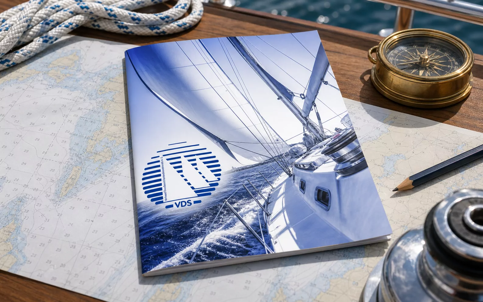 Segelyacht-Katalog mit VDS-Logo auf Seekarte, Kompass, Tau auf Bootstisch