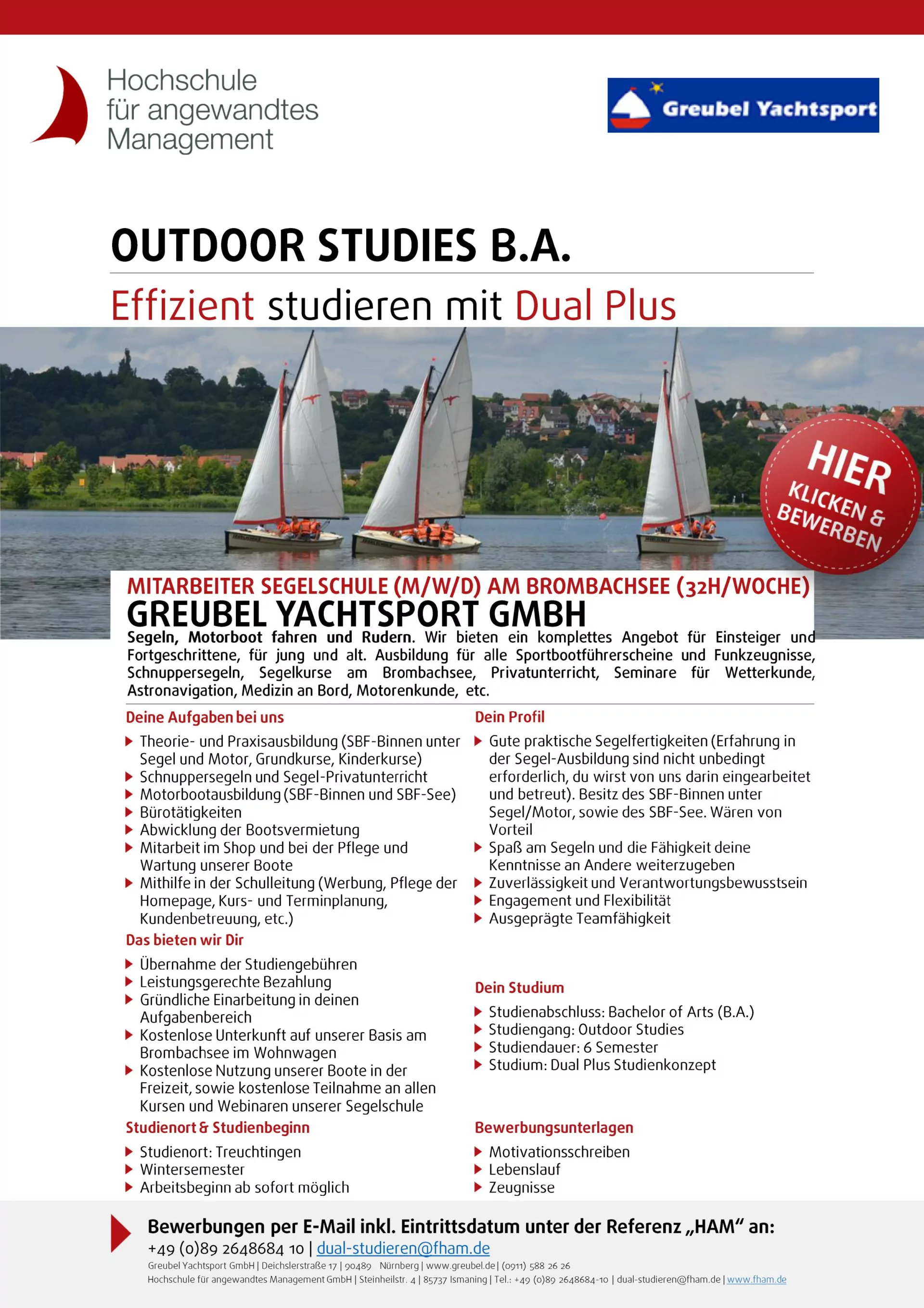 Stellenanzeige Greubel Yachtsport GmbH: Mitarbeiter Segelschule am Brombachsee