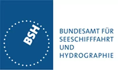 Logo des Bundesamts für Seeschifffahrt und Hydrographie (BSH) in Blau-Weiß: Quadrat mit Punktkreis und Schriftzug rechts